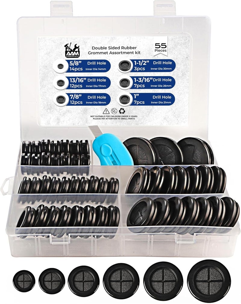 AAM ESSENTIALS 55Pcs Rubber Grommets kit, Firewall Hole Plugs in 6 Assorted Sizes 5/8",13/16",7/8",1",1-3/16",1-1/2"- Round Rubber Grommets for Wiring & Waterproof Wire Grommet kit - Ideal Wire Protection Solution - Image 1